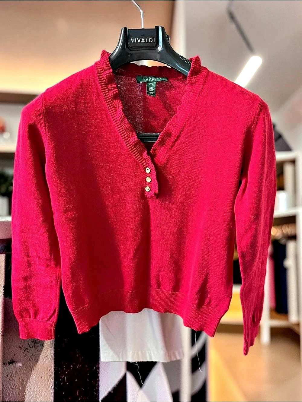 Lauren Ralph Lauren Ruffle-Trim Cotton Henley Sweater Pink Small